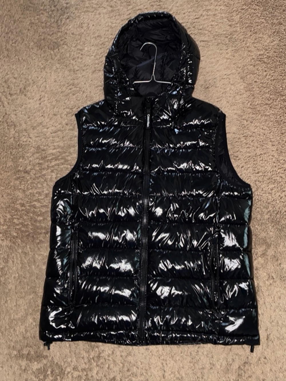 Calvin Klein Glossy Black Quilted Hooded Puffer Vest